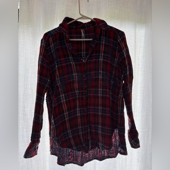 Free People Magical Plaid Embroidered Button Up Shirt - Red/Blue - S - Picture 2 of 4